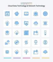 tecnología creativa de datos en la nube y tecnología de red 25 paquetes de iconos azules como la informática. medios de comunicación. computadora. social. compartir vector