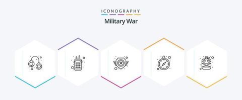 paquete de iconos de 25 líneas de guerra militar que incluye tarro. navegacion GPS. ejército. optimización del tiempo. militar vector