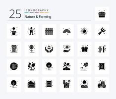 Nature And Farming 25 Solid Glyph icon pack including sun. landscape. farming. rainbow. forecast vector