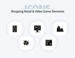 compras minoristas y elementos de videojuegos glyph icon pack 5 diseño de iconos. bolso. compras. comprar . monitor . computadora vector