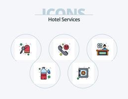 línea de servicios de hotel llena de icono paquete 5 diseño de icono. teléfono. llamar. spa. área de espera. lámpara vector