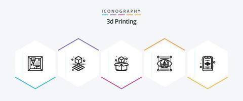 Paquete de iconos de 25 líneas de impresión 3D que incluye portapapeles. impresora. cubo. modelo. ojo vector