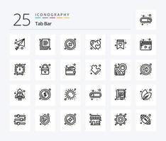 Tab Bar 25 Line icon pack including movie. wish list. delete. shopping list. like vector