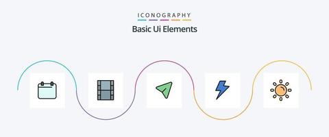 Basic Ui Elements Line Filled Flat 5 Icon Pack Including shine. light. pin. brightness. charg vector