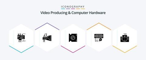 Video Producing And Computer Hardware 25 Glyph icon pack including input. connection. hardware. adapter. processor vector