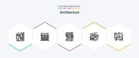 Architecture 25 Line icon pack including plan. tools. architecture. map. blueprint vector