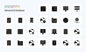 Paquete de 25 iconos de glifos sólidos de red y base de datos vector