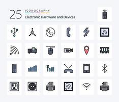 paquete de iconos llenos de 25 líneas de dispositivos, incluido el mouse. proyector. destello. presentación. RSS vector