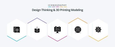 pensamiento de diseño y modelado de impresión d paquete de iconos de 25 glifos que incluye el núcleo. imprimir. computadora. impresión. película vector