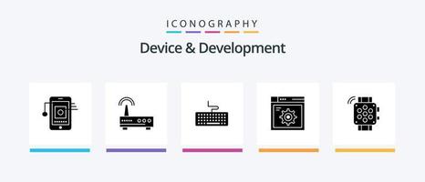 dispositivo y paquete de iconos de glifo 5 de desarrollo que incluye reloj de mano. Internet. llave. engranaje. web. diseño de iconos creativos vector