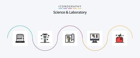 La línea de ciencia llenó el paquete de iconos planos 5 que incluye Apple. laboratorio. ciencia. computadora. ciencia vector