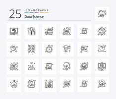 Data Science 25 Line icon pack including unlock. locker. big data. data storage. processing vector