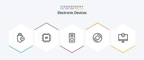 Devices 25 Line icon pack including disc. computers. gadget. hardware. devices vector