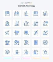 ciencia creativa y tecnología 25 paquete de iconos azules como la investigación científica. laboratorio de ciencia. herramienta de modelado química. estudio de la superficie terrestre vector