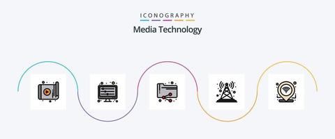 la línea de tecnología de medios llenó el paquete de iconos planos 5 que incluye antena de radio. estación. ondas. señal. carpeta vector