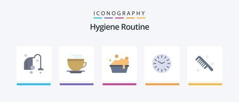 rutina de higiene plana 5 paquete de iconos que incluye limpieza. peine. bol. cepillar. reloj. diseño de iconos creativos vector