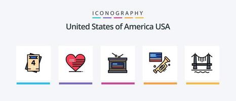 La línea de EE. UU. llenó el paquete de 5 íconos, incluido United. mapa. té. EE.UU. fuego. diseño de iconos creativos vector