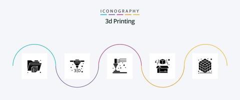 Paquete de iconos de glifo 5 de impresión en 3D que incluye. cubo. el plastico. 3d. modelo vector