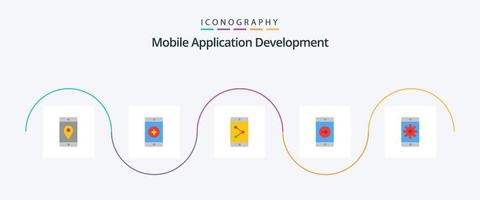 paquete de iconos flat 5 de desarrollo de aplicaciones móviles que incluye la aplicación móvil. solicitud. Compartir aplicación. aplicación movil. bien vector