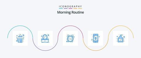 paquete de iconos azul 5 de rutina matutina que incluye. perfume. reloj. botella. notificación vector