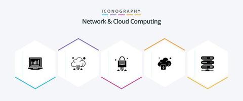 Network And Cloud Computing 25 Glyph icon pack including network. computing. locked. technology. arrow vector
