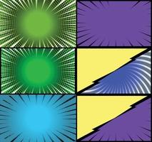 Comic book colorful frames background with halftone rays radial and dotted effects pop art style vector