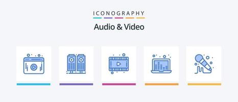 paquete de iconos de audio y video azul 5 que incluye . sonido. video. micrófono. ondas sonoras. diseño de iconos creativos vector