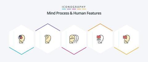 proceso mental y características humanas Paquete de iconos de 25 líneas completas que incluye diálogo. cabeza. personalidad. mente. planificación vector