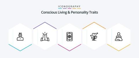 Concious Living And Personality Traits 25 Line icon pack including heart. grow. high. gratitude. no vector