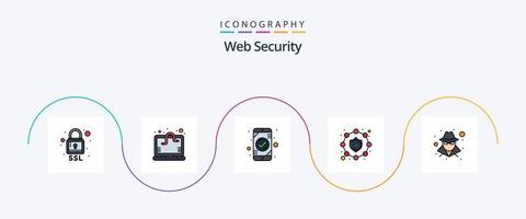 la línea de seguridad web llenó el paquete de iconos planos 5, incluido el hacker. seguridad. aplicación proteccion. OK vector