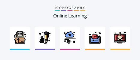 Online Learning Line Filled 5 Icon Pack Including file. online. online study. learning. file. Creative Icons Design vector