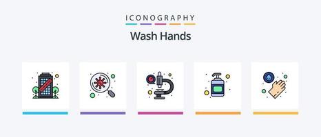 la línea de lavado de manos llenó el paquete de 5 iconos, incluidas las bacterias. virus. cuenca. COVID-19. bacterias diseño de iconos creativos vector