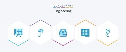 Paquete de 25 íconos azules de ingeniería que incluye socket. construcción. construcción. edificio. material vector