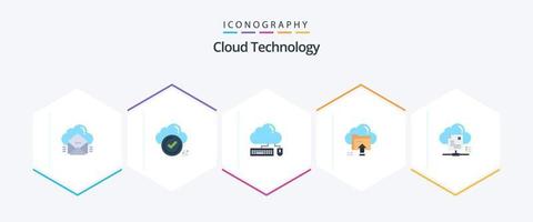 Paquete de 25 iconos planos de tecnología en la nube que incluye hasta. subir. nube. datos. ratón vector