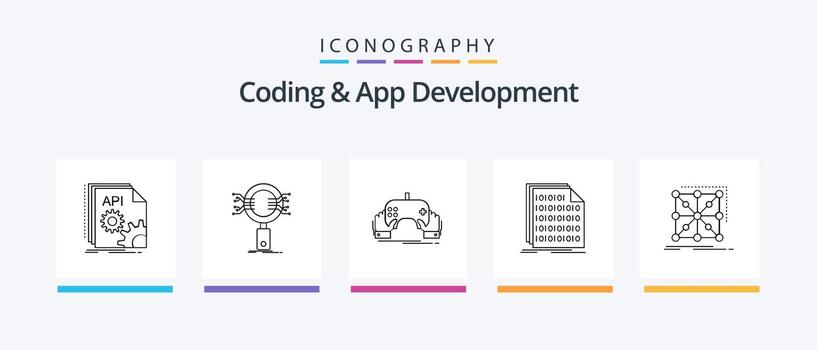 paquete de iconos de la línea 5 de codificación y desarrollo de aplicaciones que incluye información. análisis. desarrollo. red. conexión. diseño de iconos creativos vector