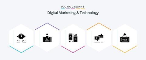 Digital Marketing And Technology 25 Glyph icon pack including marketing. messaging. ad. marketing. chat vector