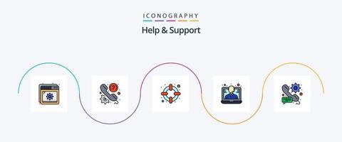 Help And Support Line Filled Flat 5 Icon Pack Including gear. call. support. support. conference vector