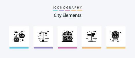 paquete de iconos de glifo 5 de elementos de la ciudad que incluye . tren. cafetería. carril. calle. diseño de iconos creativos vector