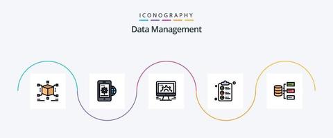 la línea de gestión de datos llenó el paquete de iconos planos 5 que incluye la marca. documento. configuración. Lista de Verificación. mercado social vector