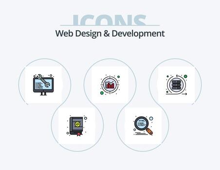 diseño web y línea de desarrollo paquete de iconos llenos 5 diseño de iconos. analítica. desarrollo. codificación. codificación. vector