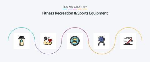 la línea de equipos deportivos y recreativos de fitness llenó el paquete de iconos planos 5 que incluye la intensidad. aptitud física. derrotar. rápido. haciendo dieta vector