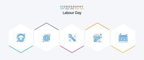 paquete de iconos azules del día del trabajo 25 que incluye reparación. construcción. reparar. calendario. jardinería vector