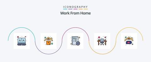 Work From Home Line Filled Flat 5 Icon Pack Including video calling. office desk. check list. monitor. computer table vector