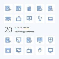 20 dispositivos paquete de iconos de color azul como flujo de pantalla de computadoras mac eliminar vector