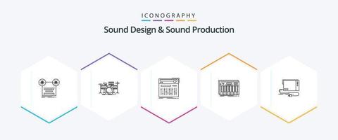 paquete de iconos de 25 líneas de diseño y producción de sonido que incluye teclas. controlador. equipo. sonido. midi vector