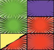 Comic book colorful frames background with halftone rays radial and dotted effects pop art style vector