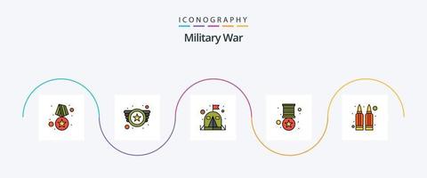 la línea de guerra militar llenó el paquete de iconos planos 5 que incluye disparar. balas. acampar. rango. insignia vector