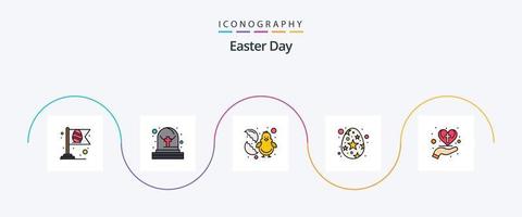 la línea de pascua llenó el paquete de iconos planos 5 que incluye la celebración. mano. pollo. huevo estrella huevo vector