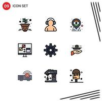 Pack of 9 Modern Filledline Flat Colors Signs and Symbols for Web Print Media such as gear develop location computer app Editable Vector Design Elements