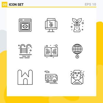 Pictogram Set of 9 Simple Outlines of read book website park swimming pool Editable Vector Design Elements